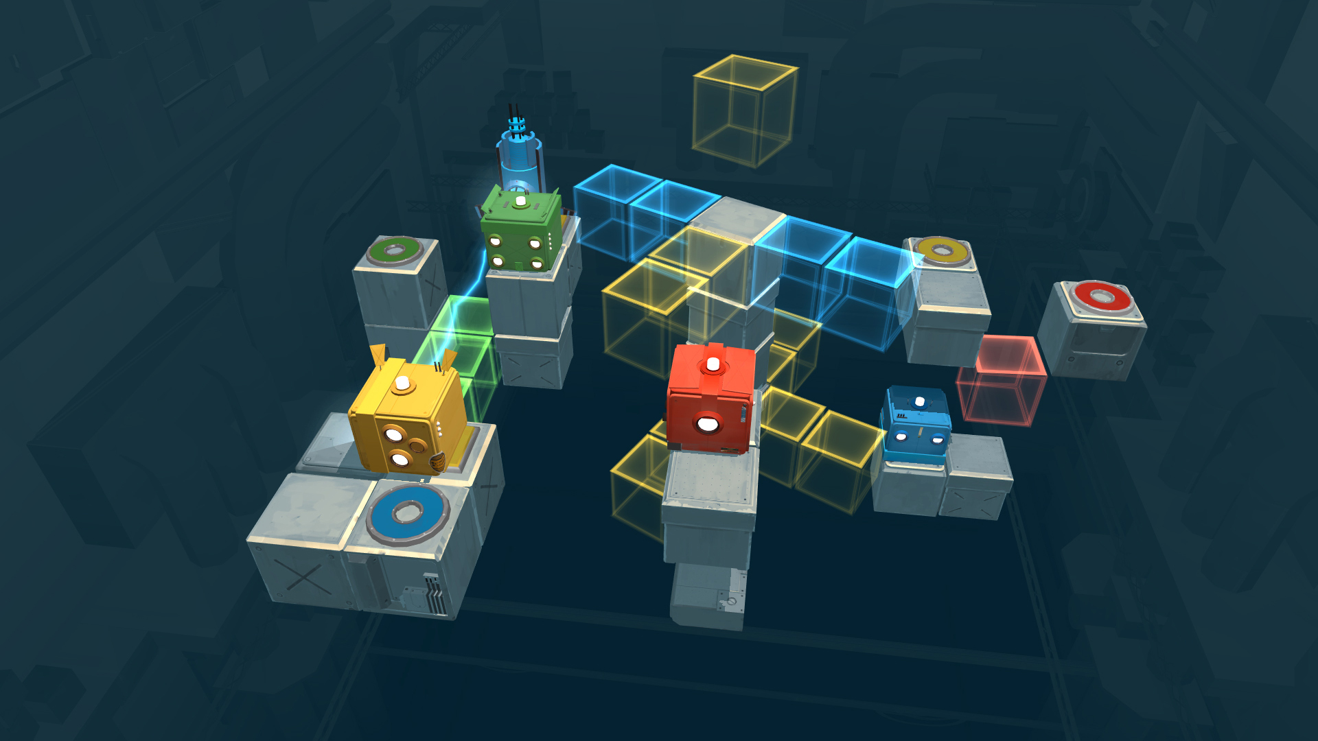 Coloured cubes navigating a hazard filled puzzle room in Death Squared