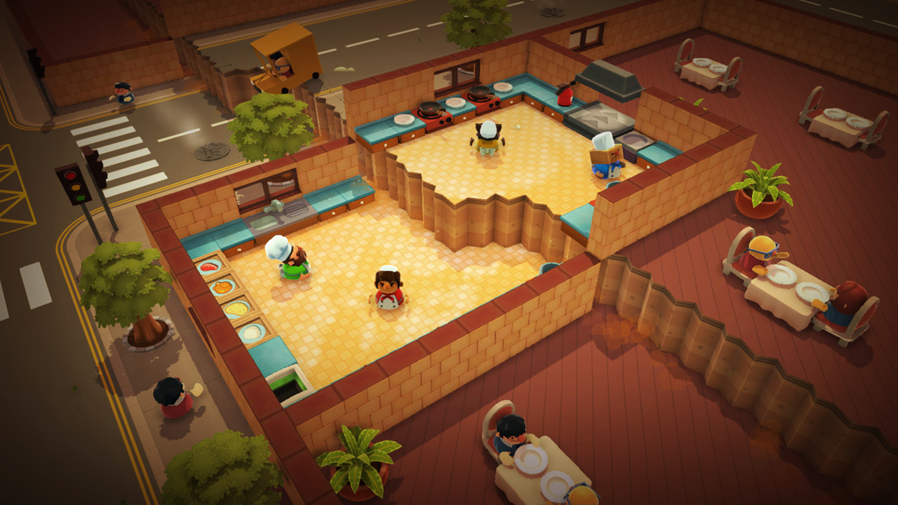 Four chefs scrambling in an Overcooked kitchen