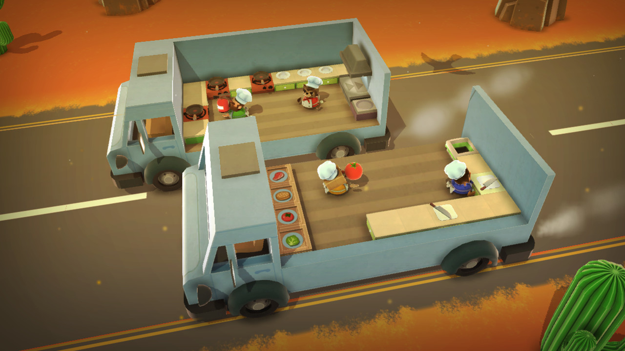 An Overcooked level on a moving hazard filled kitchen