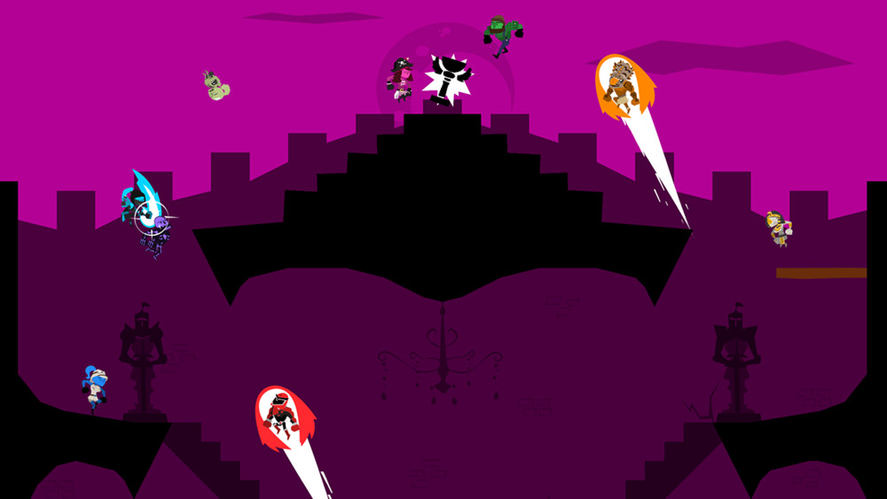 Nine players scrambling across a purple Runbow stage