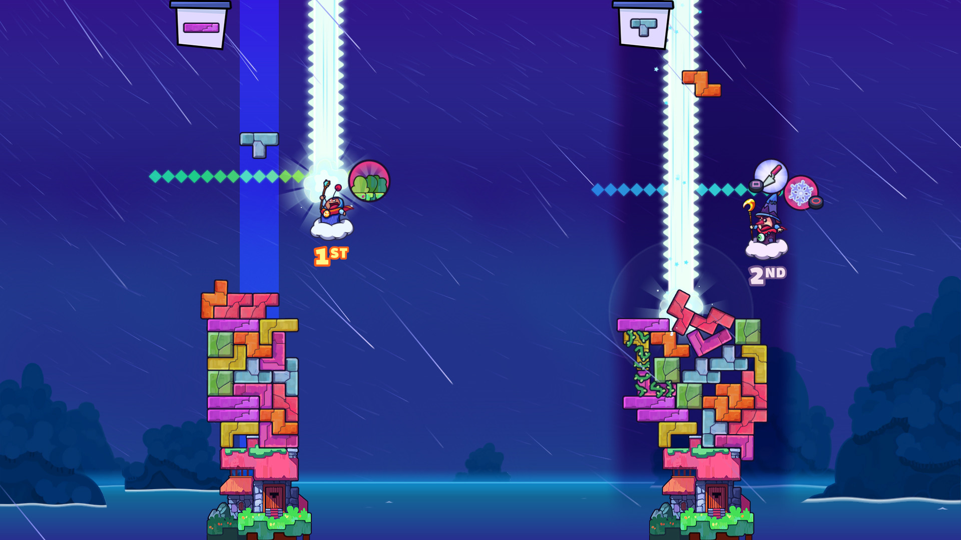 Four players racing to stack wizard towers in Tricky Towers