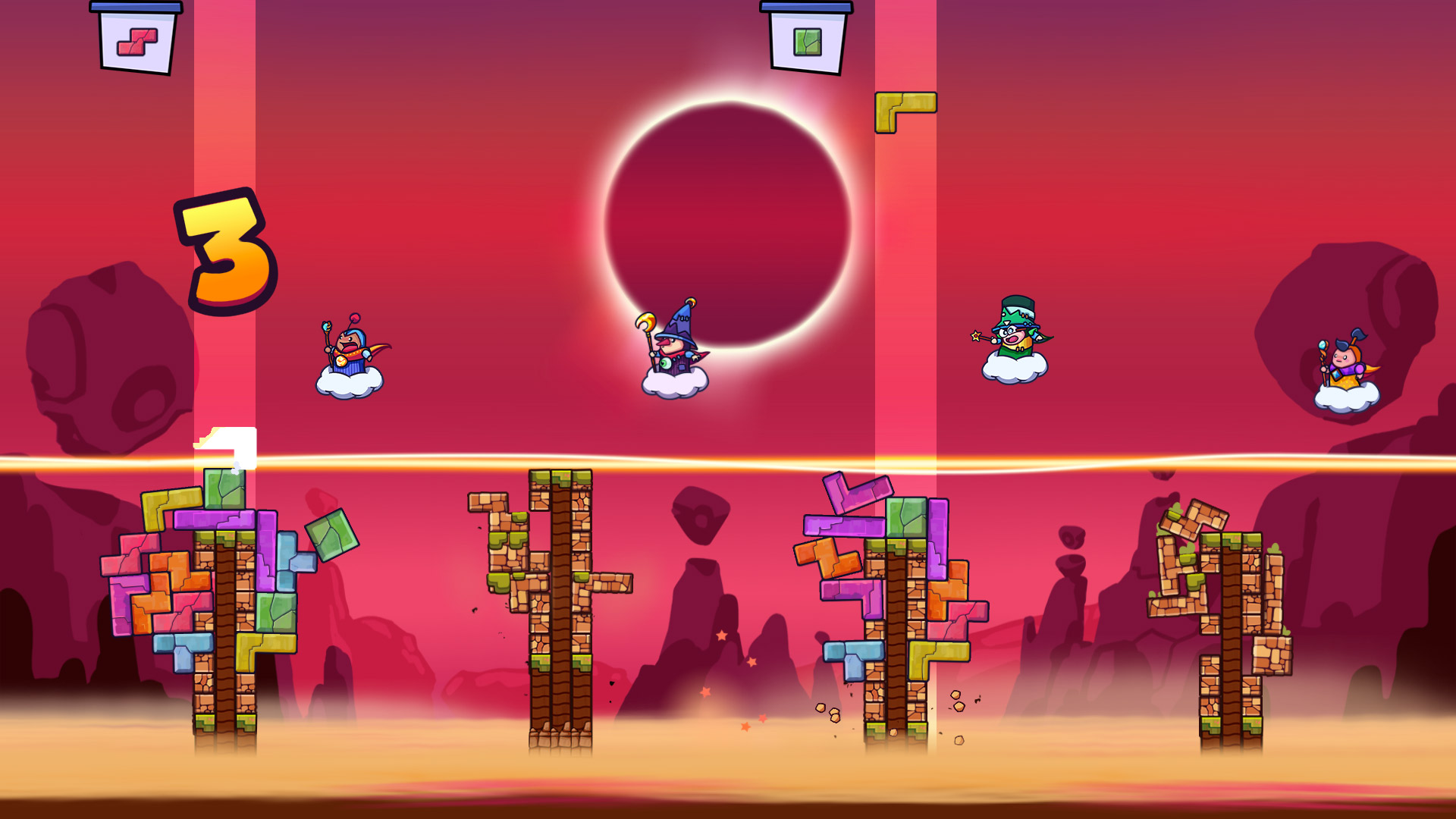 A Tricky Towers tower wobbling under a magic spell