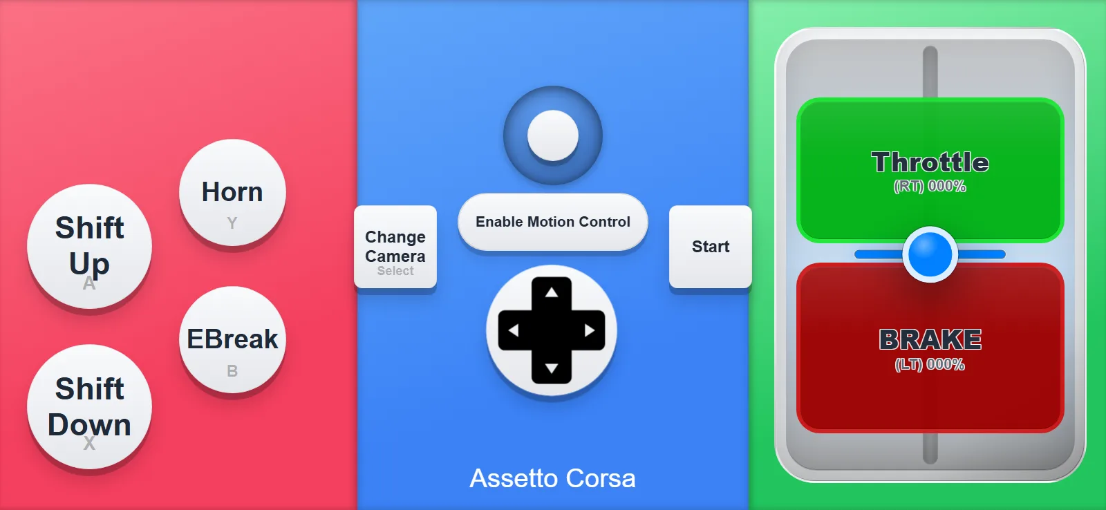 Assetto Corsa phone controller layout with Shift Up, Shift Down, Horn and EBreak buttons plus a throttle and brake slider
