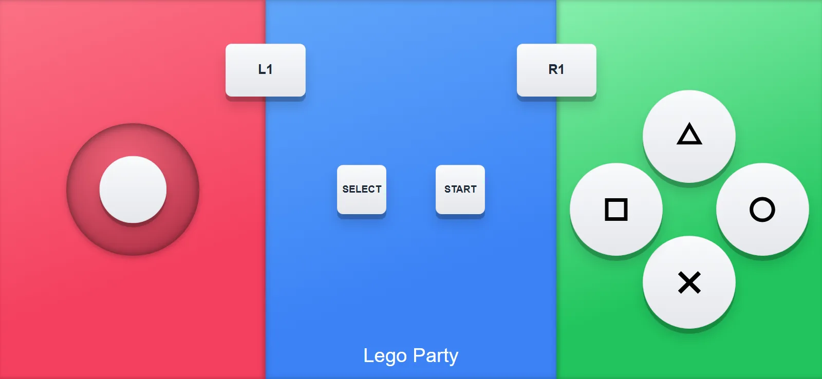 Lego Party phone controller layout with a joystick, L1 and R1 buttons and PlayStation-style face buttons