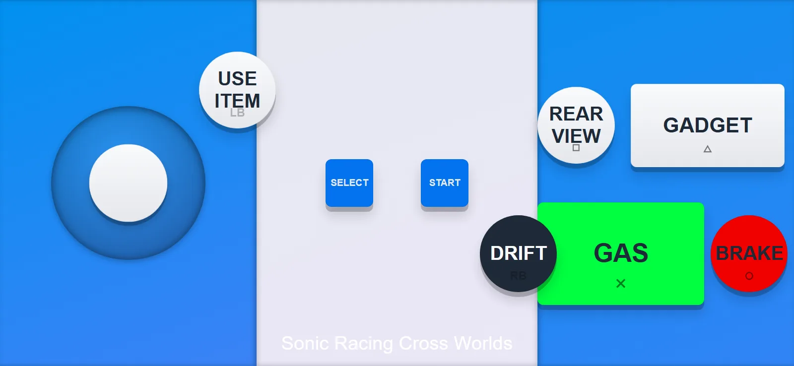 Sonic Racing CrossWorlds phone controller layout with GAS, BRAKE, DRIFT, USE ITEM, REAR VIEW and GADGET buttons