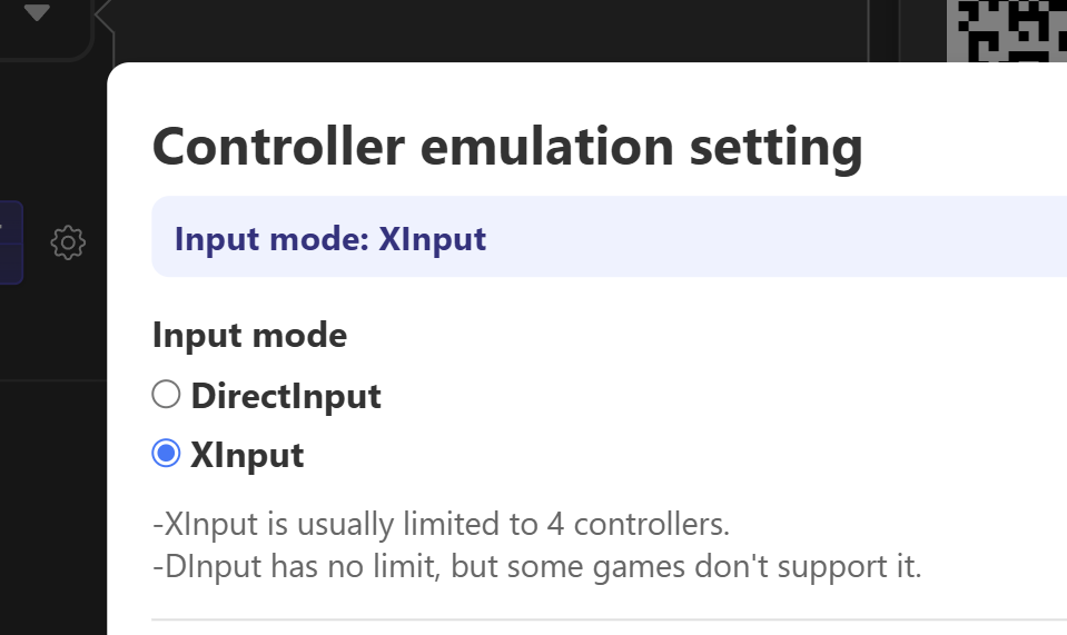 QR Controller emulation settings with DirectInput and XInput input modes