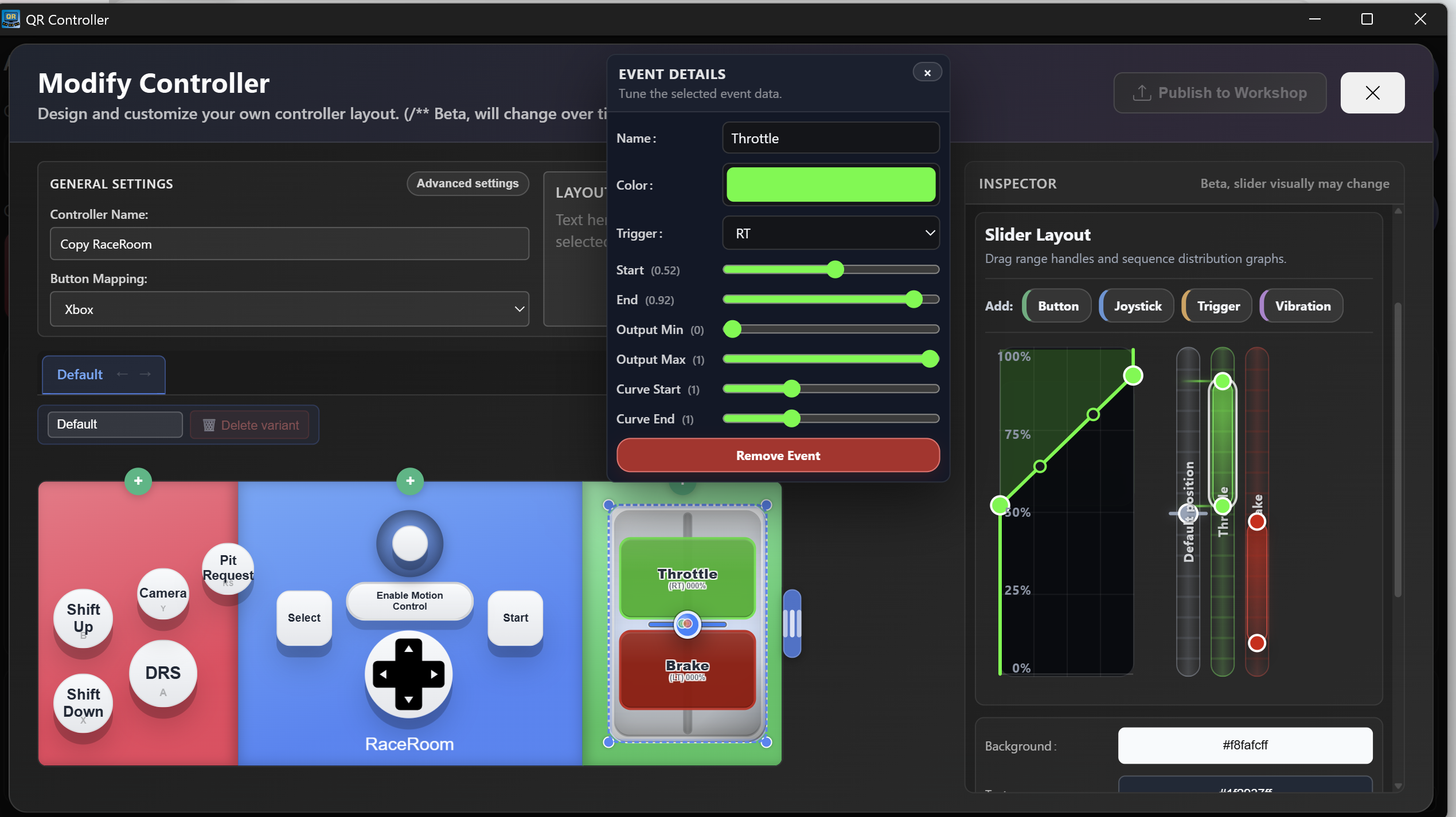 The QR Controller editor with a throttle and brake slider selected